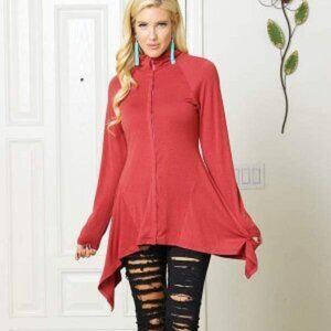 Burgundy blend red long sleeve top buttons from the neck all the way down.